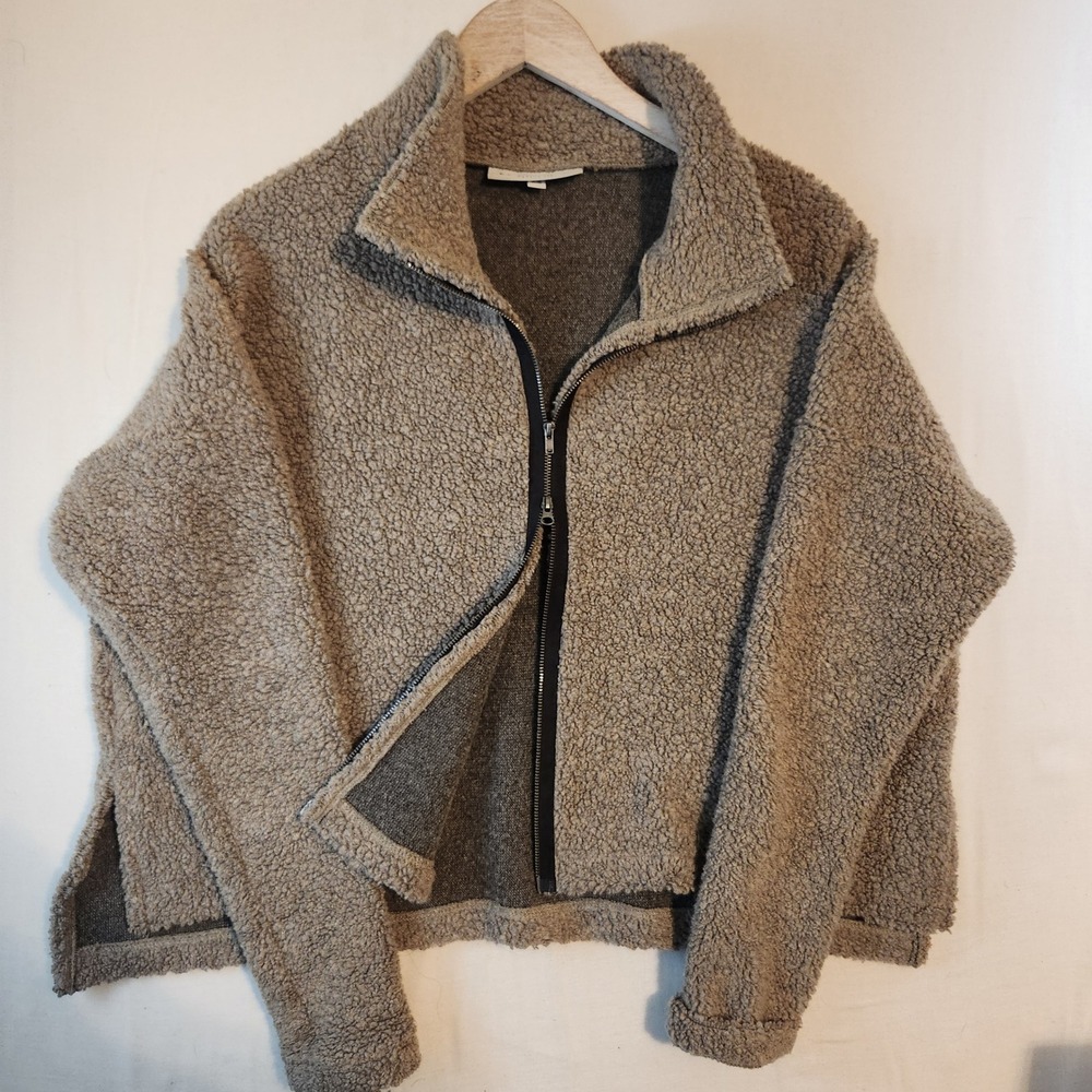 Bryn Walker Recycled Wool Fleece Jacket XS Taupe Brown Zip Up Made in USA